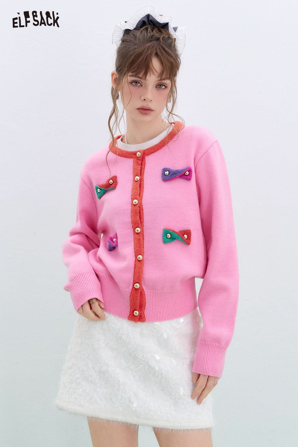 ELFSACK Y2K Dopamine Contrast Color Bowknot Knitted Cardigan Women Round Neck Long Sleeve Korean Top