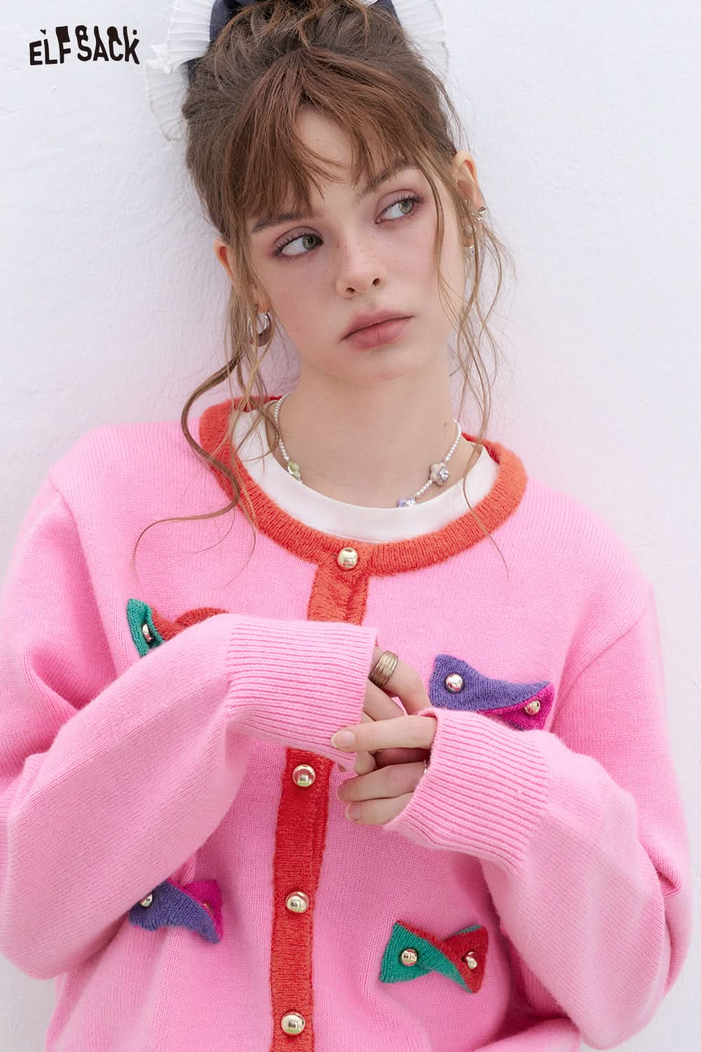 ELFSACK Y2K Dopamine Contrast Color Bowknot Knitted Cardigan Women Round Neck Long Sleeve Korean Top