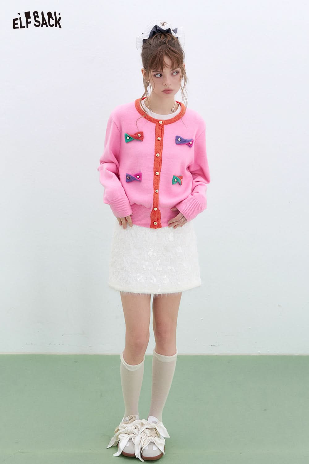 ELFSACK Y2K Dopamine Contrast Color Bowknot Knitted Cardigan Women Round Neck Long Sleeve Korean Top