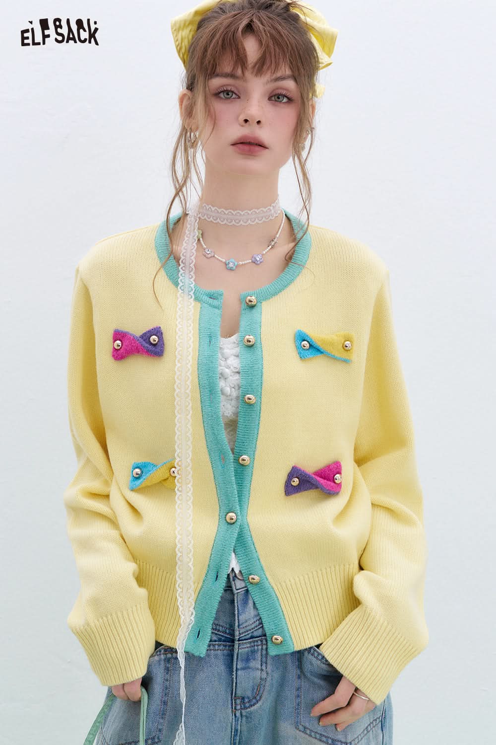 ELFSACK Y2K Dopamine Contrast Color Bowknot Knitted Cardigan Women Round Neck Long Sleeve Korean Top
