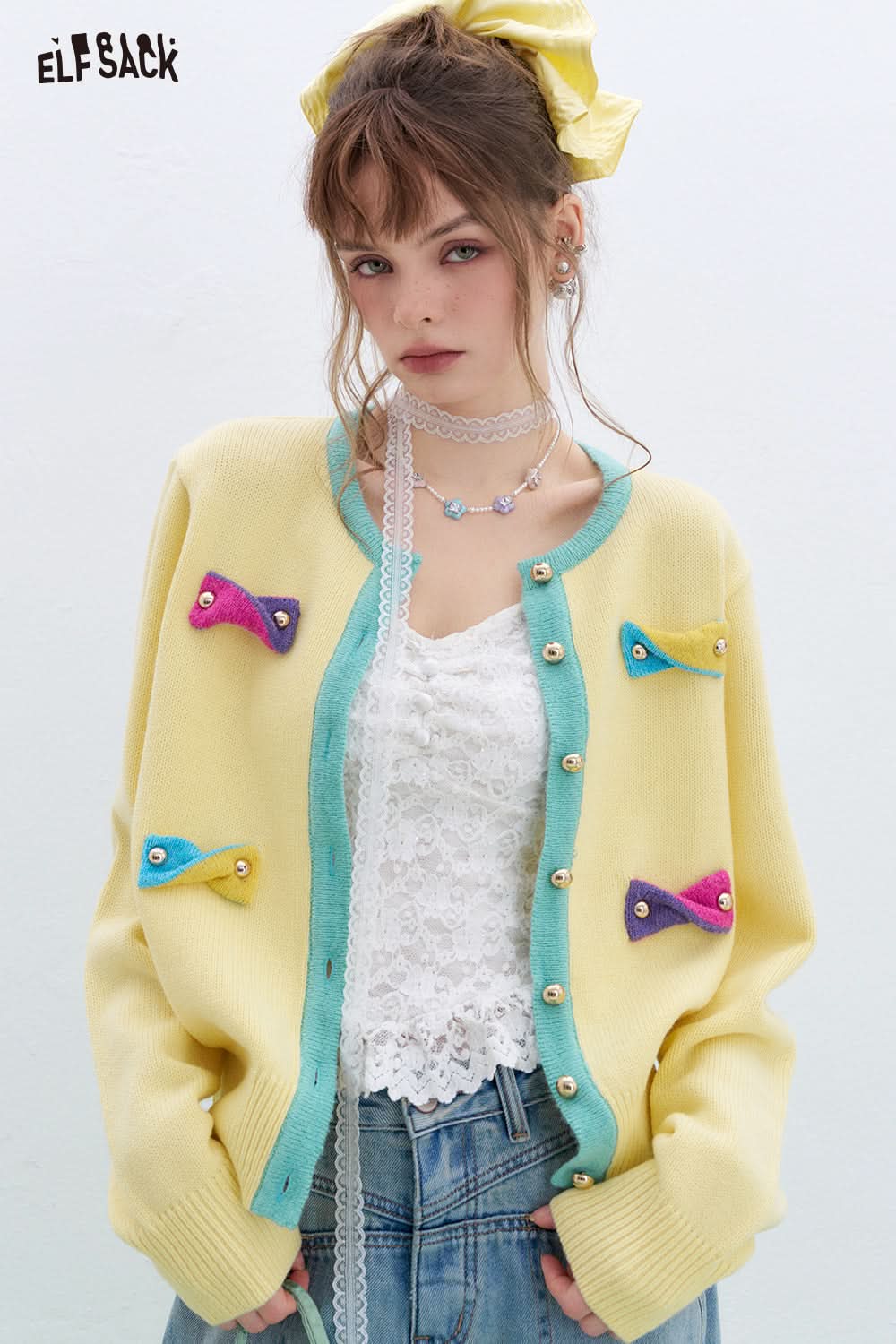 ELFSACK Y2K Dopamine Contrast Color Bowknot Knitted Cardigan Women Round Neck Long Sleeve Korean Top