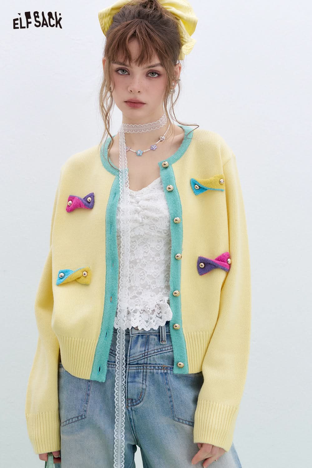 ELFSACK Y2K Dopamine Contrast Color Bowknot Knitted Cardigan Women Round Neck Long Sleeve Korean Top