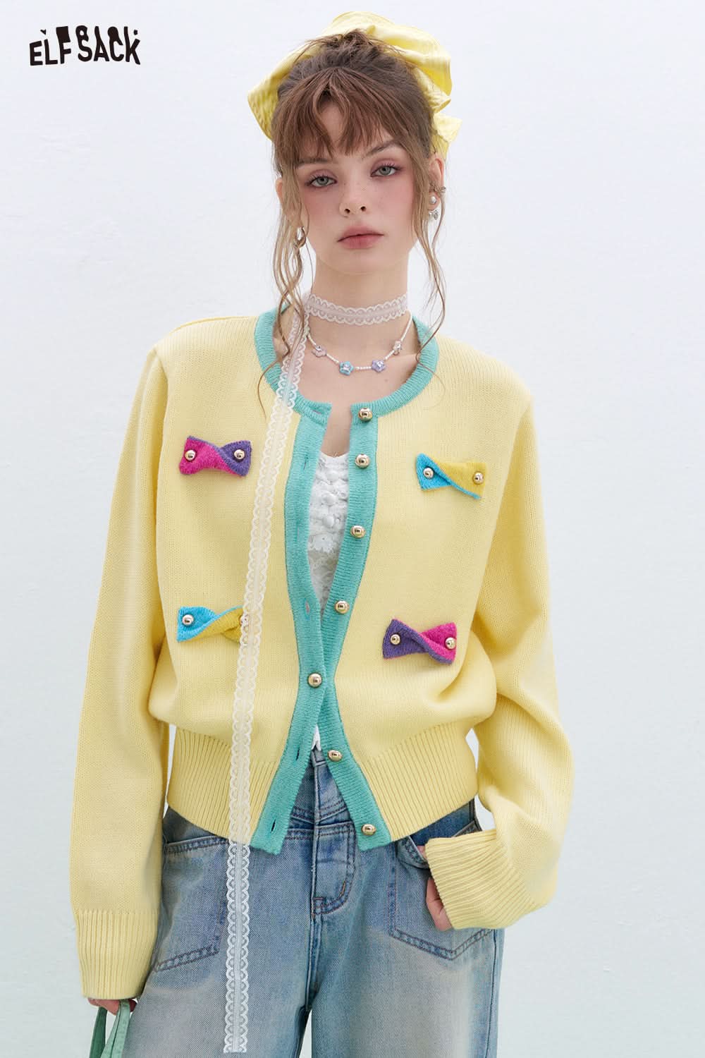 ELFSACK Y2K Dopamine Contrast Color Bowknot Knitted Cardigan Women Round Neck Long Sleeve Korean Top