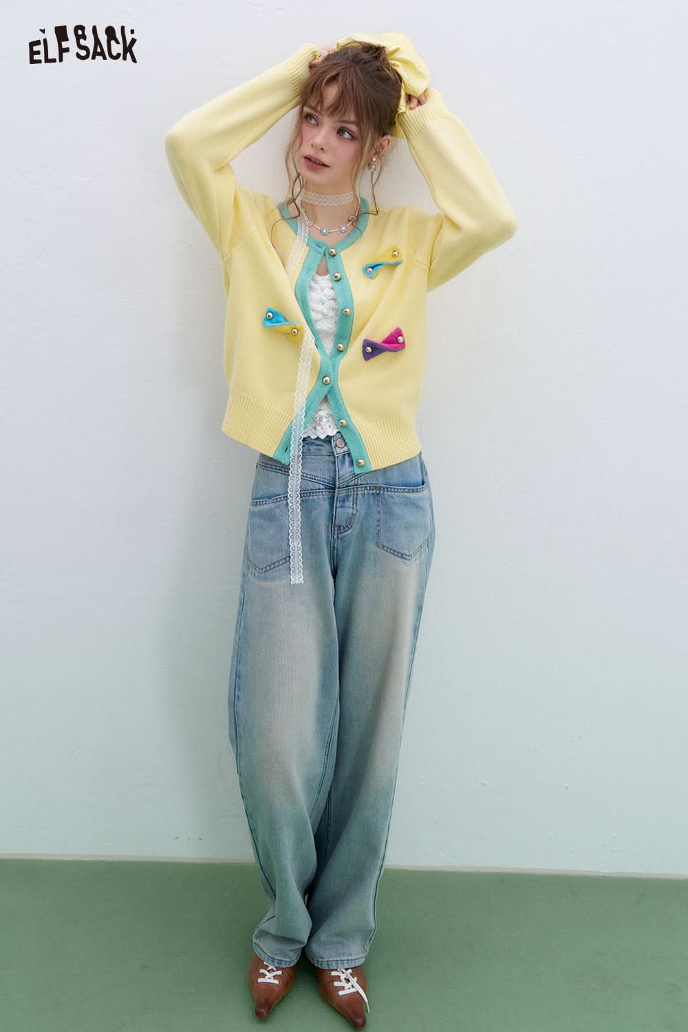 ELFSACK Y2K Dopamine Contrast Color Bowknot Knitted Cardigan Women Round Neck Long Sleeve Korean Top