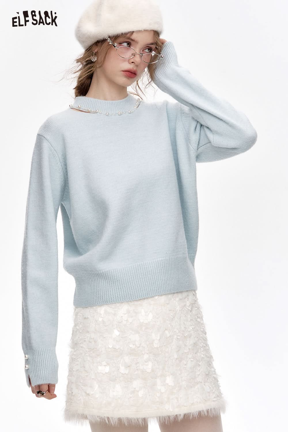 ELFSACK Sweet White Hollow Sweater Beaded Soft Long Sleeves Women