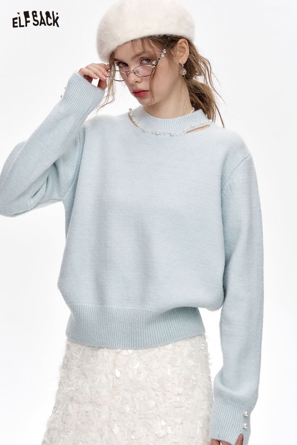 ELFSACK Sweet White Hollow Sweater Beaded Soft Long Sleeves Women