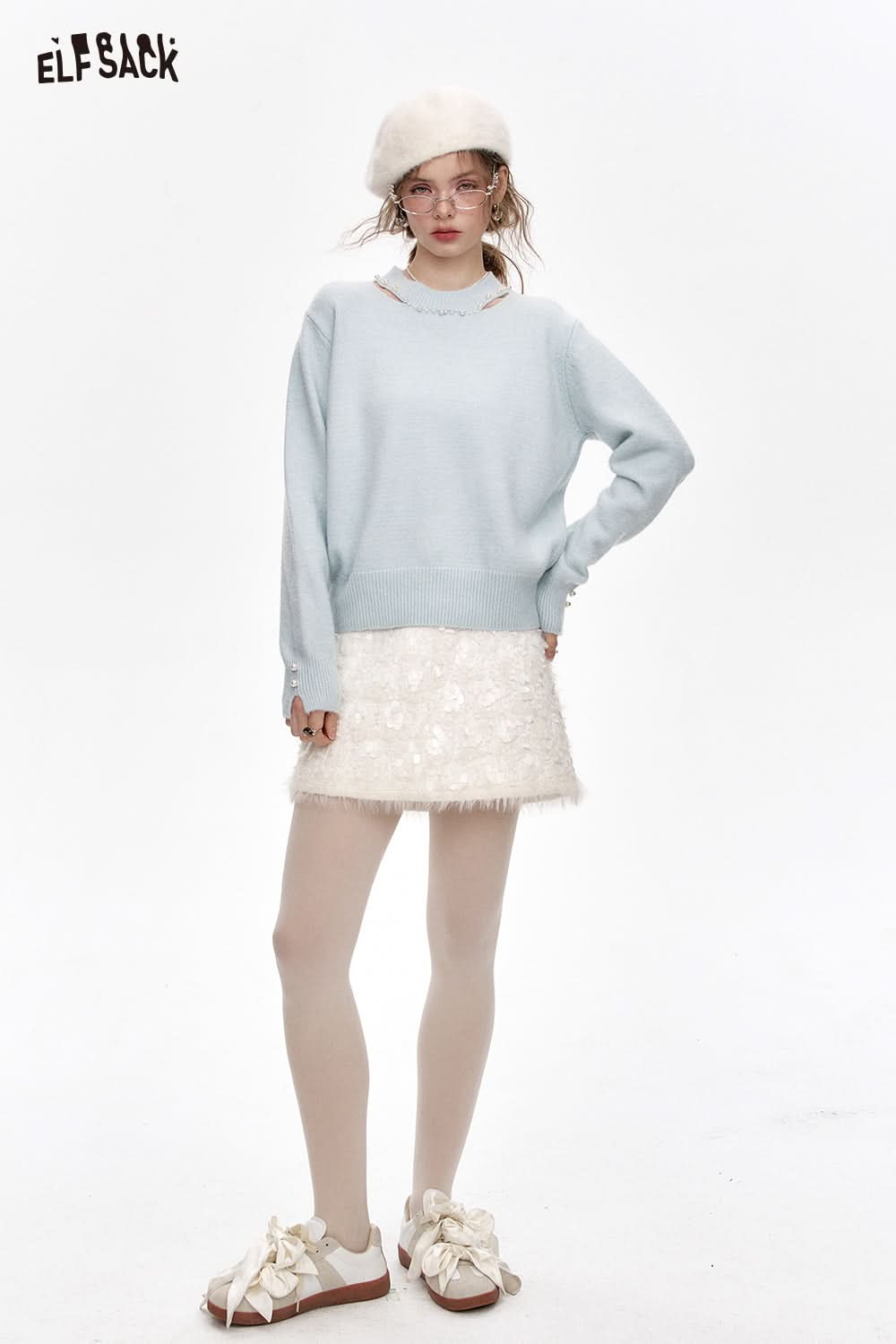 ELFSACK Sweet White Hollow Sweater Beaded Soft Long Sleeves Women