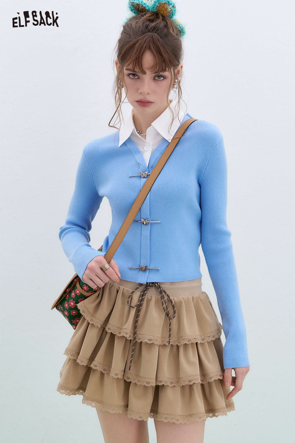 ELFSACK Fake two-piece shirt lapel patchwork sweater pullover women's long-sleeved short sweet Korean top