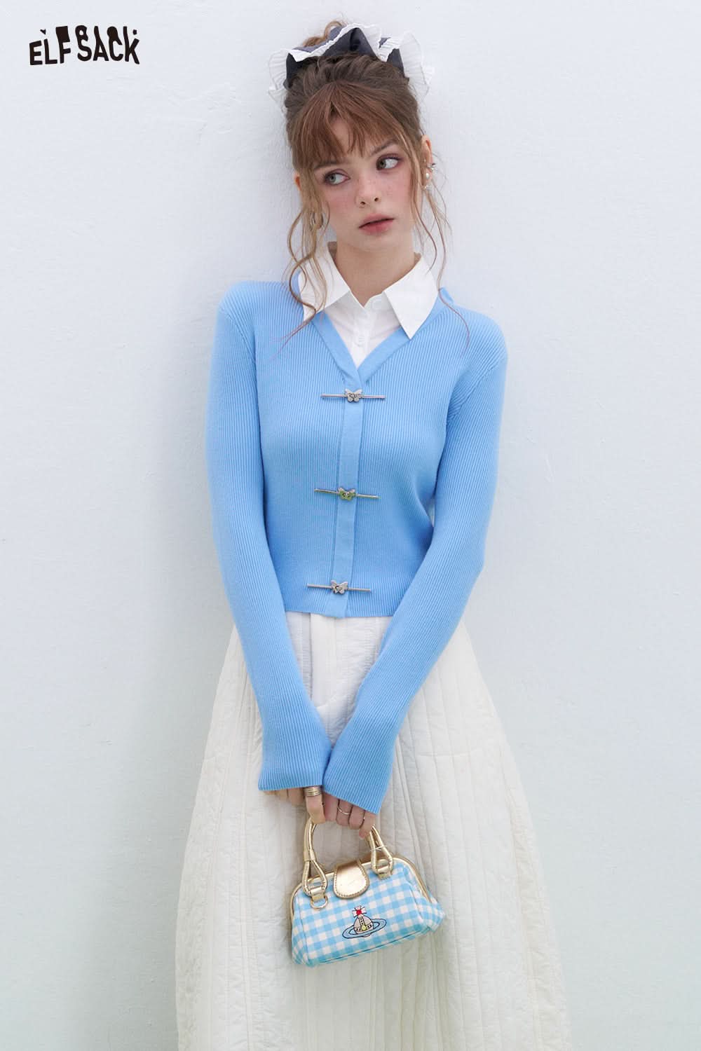 ELFSACK Fake two-piece shirt lapel patchwork sweater pullover women's long-sleeved short sweet Korean top