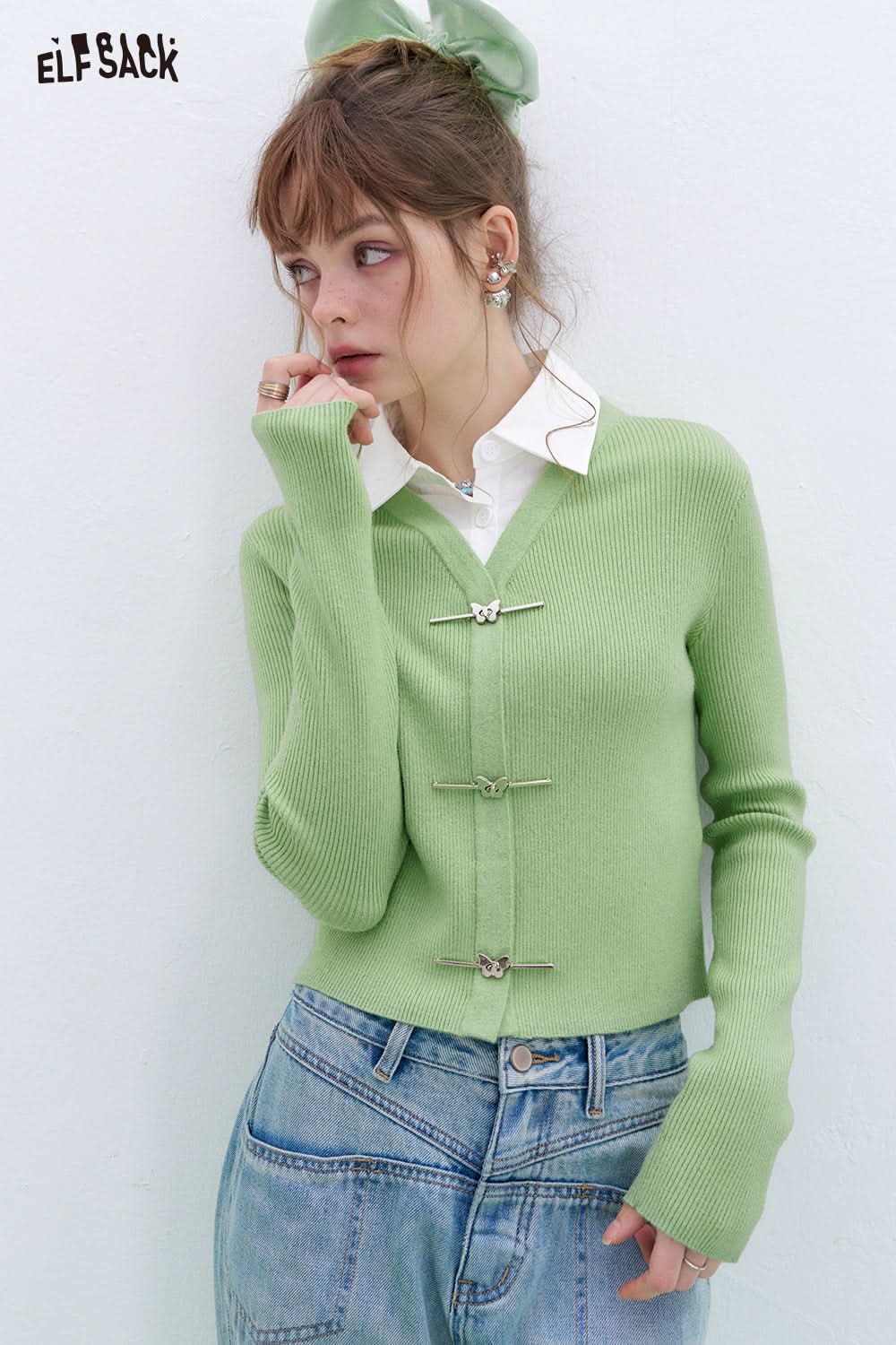 ELFSACK Fake two-piece shirt lapel patchwork sweater pullover women's long-sleeved short sweet Korean top