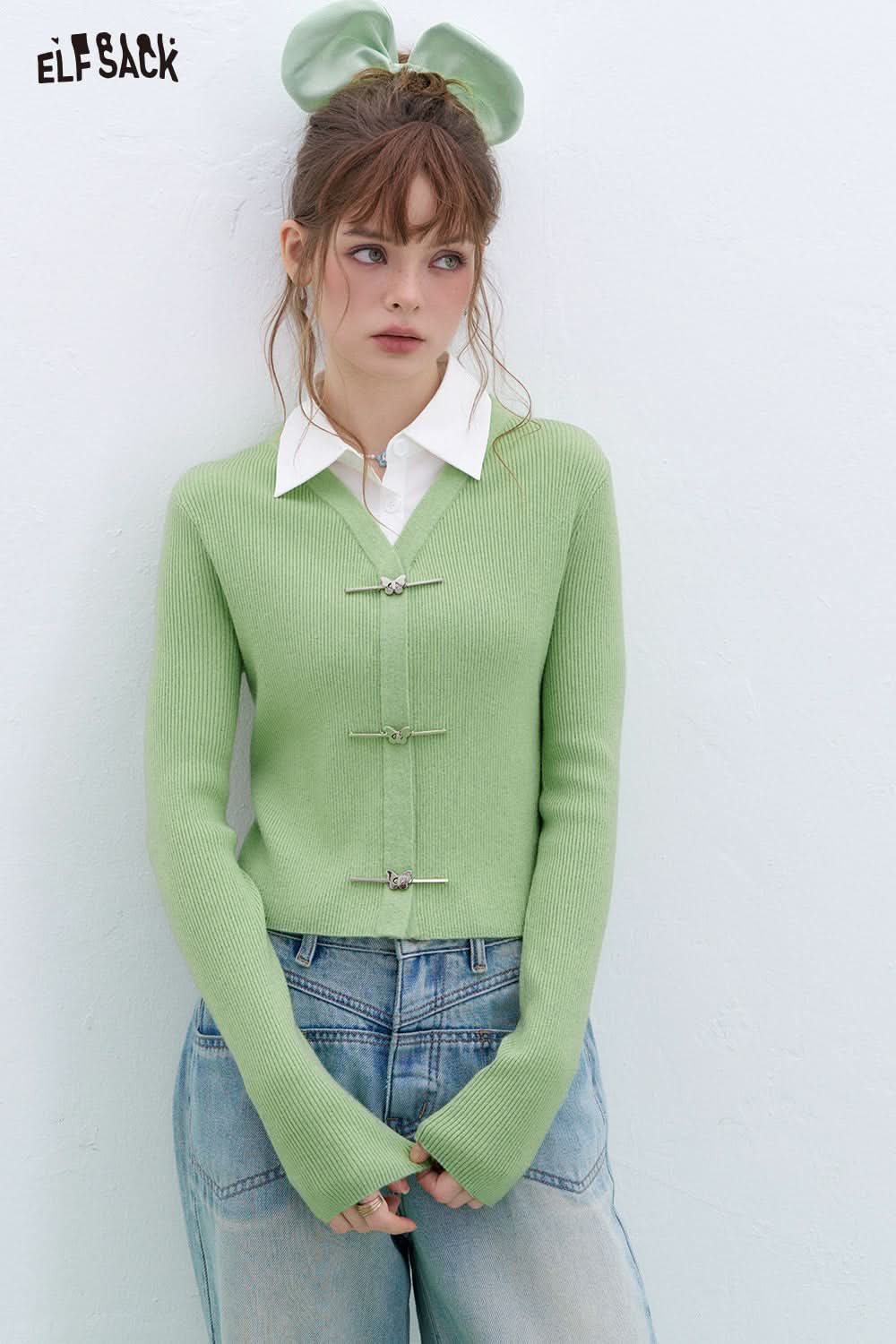 ELFSACK Fake two-piece shirt lapel patchwork sweater pullover women's long-sleeved short sweet Korean top