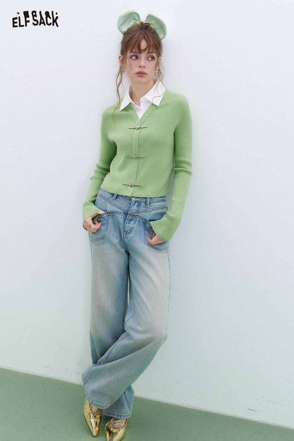 ELFSACK Fake two-piece shirt lapel patchwork sweater pullover women's long-sleeved short sweet Korean top