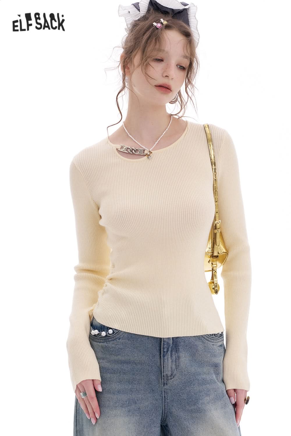 ELFSACK Korean Sweet Irregular Pleated Drawstring Hollow Pullover Sweater Women