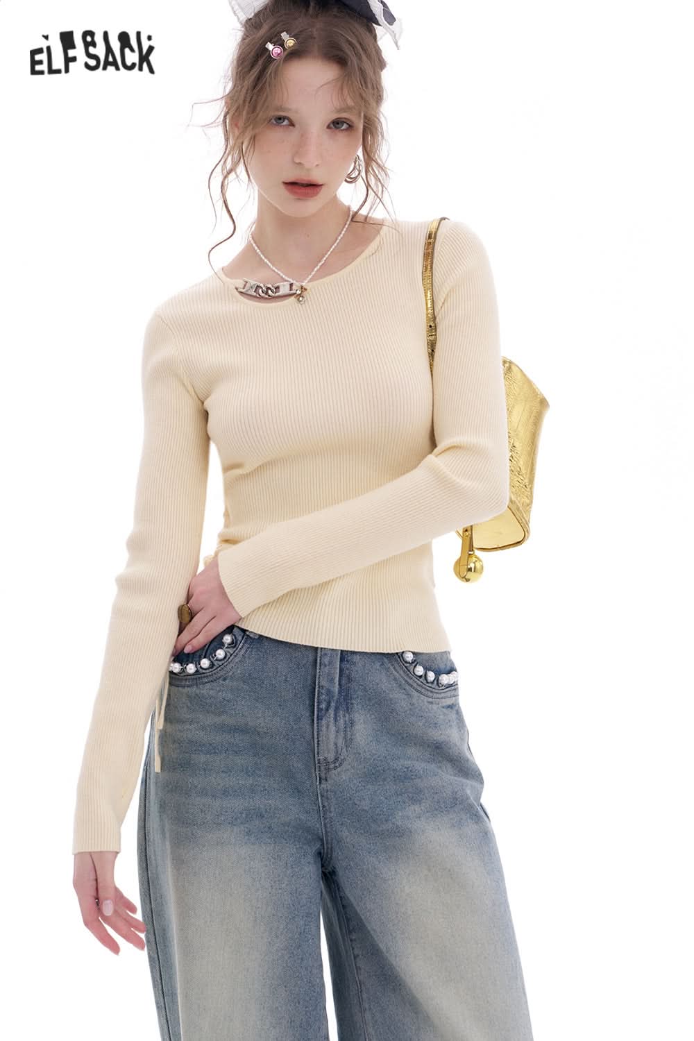 ELFSACK Korean Sweet Irregular Pleated Drawstring Hollow Pullover Sweater Women