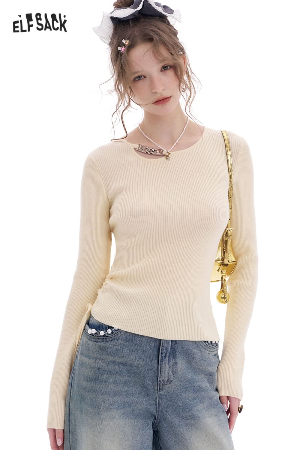 ELFSACK Korean Sweet Irregular Pleated Drawstring Hollow Pullover Sweater Women