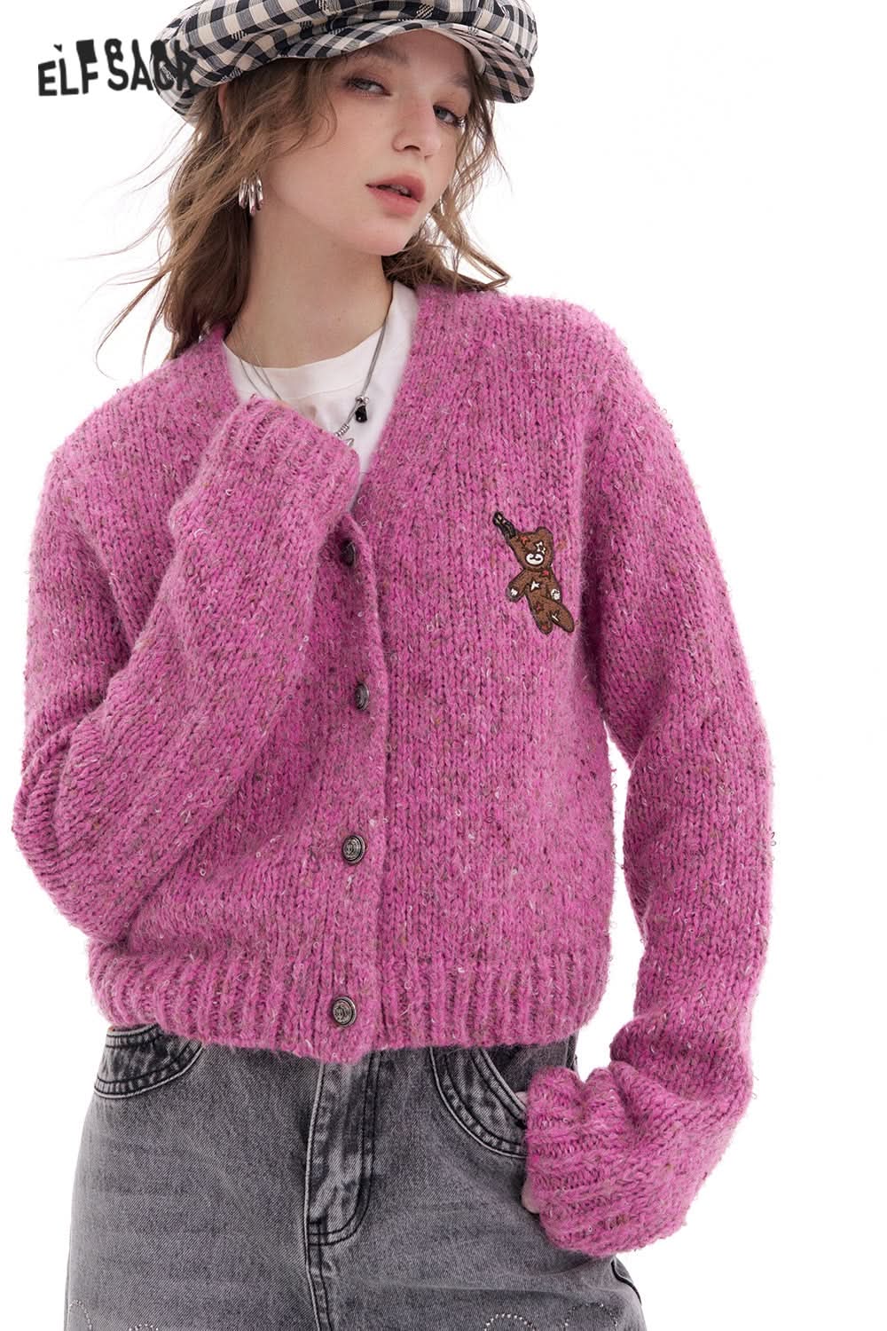 ELFSACK Y2K Cute Bear Patchwork V-neck Knitted Cardigan Women Preppy Style Korean Single-breasted Sweater