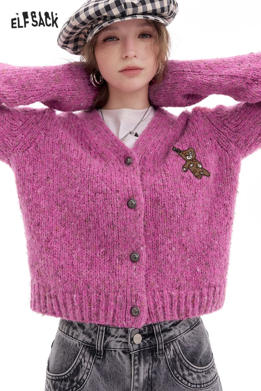 ELFSACK Y2K Cute Bear Patchwork V-neck Knitted Cardigan Women Preppy Style Korean Single-breasted Sweater