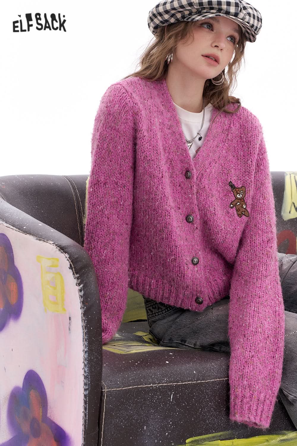 ELFSACK Y2K Cute Bear Patchwork V-neck Knitted Cardigan Women Preppy Style Korean Single-breasted Sweater