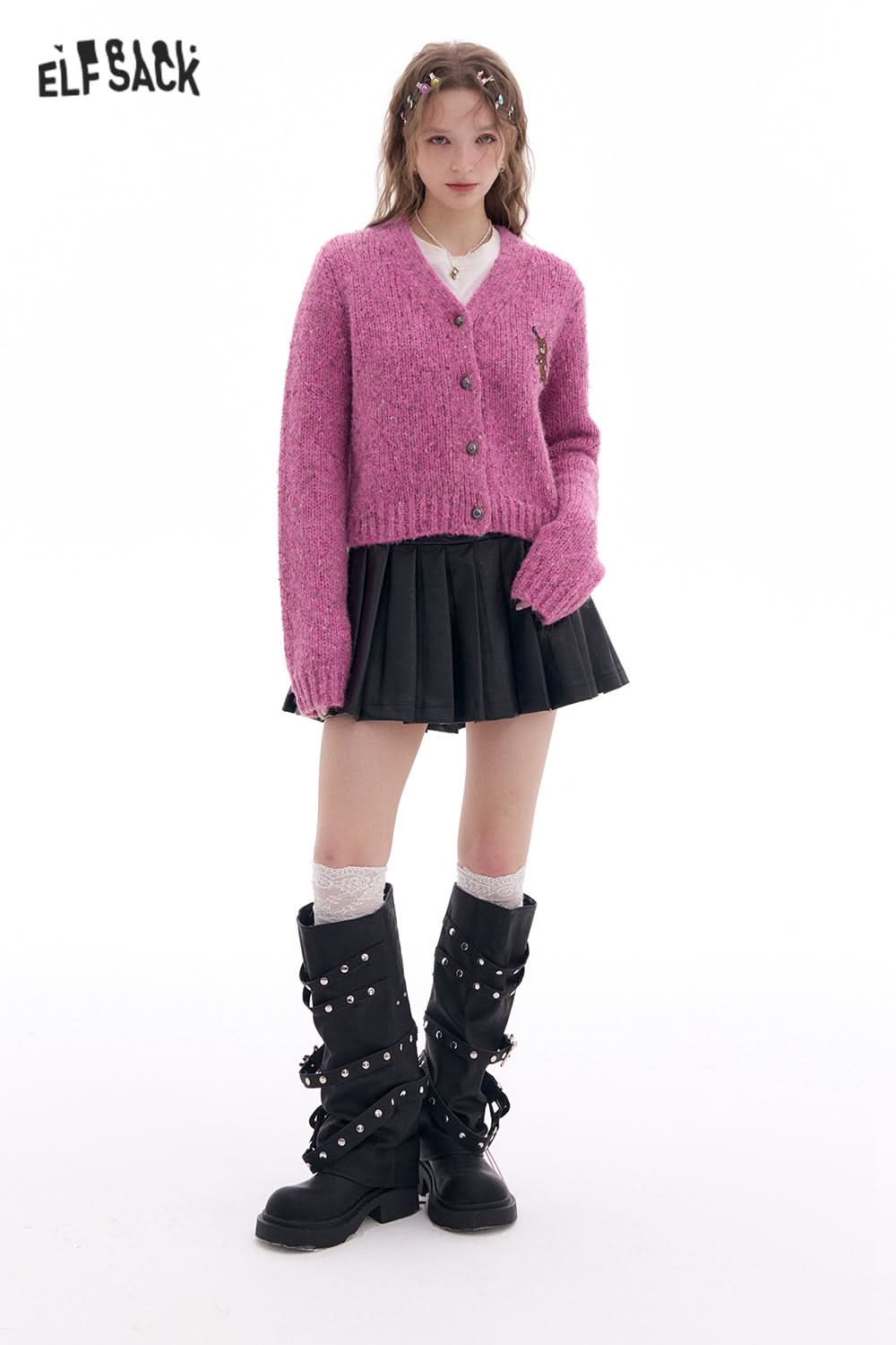 ELFSACK Y2K Cute Bear Patchwork V-neck Knitted Cardigan Women Preppy Style Korean Single-breasted Sweater