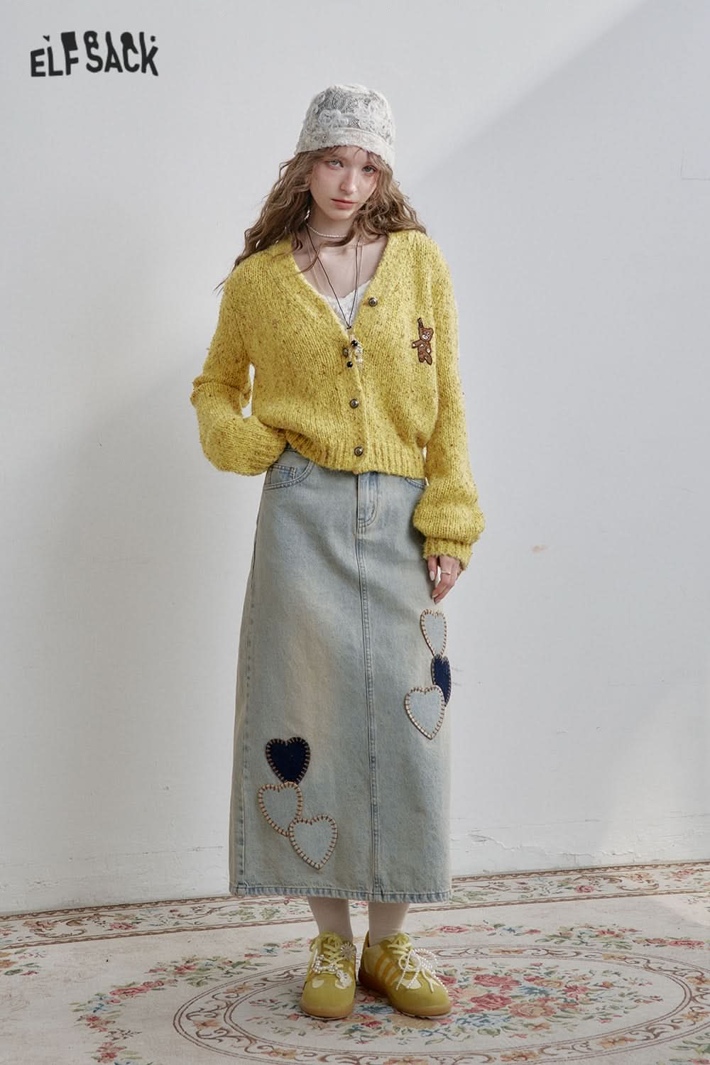 ELFSACK Y2K Cute Bear Patchwork V-neck Knitted Cardigan Women Preppy Style Korean Single-breasted Sweater