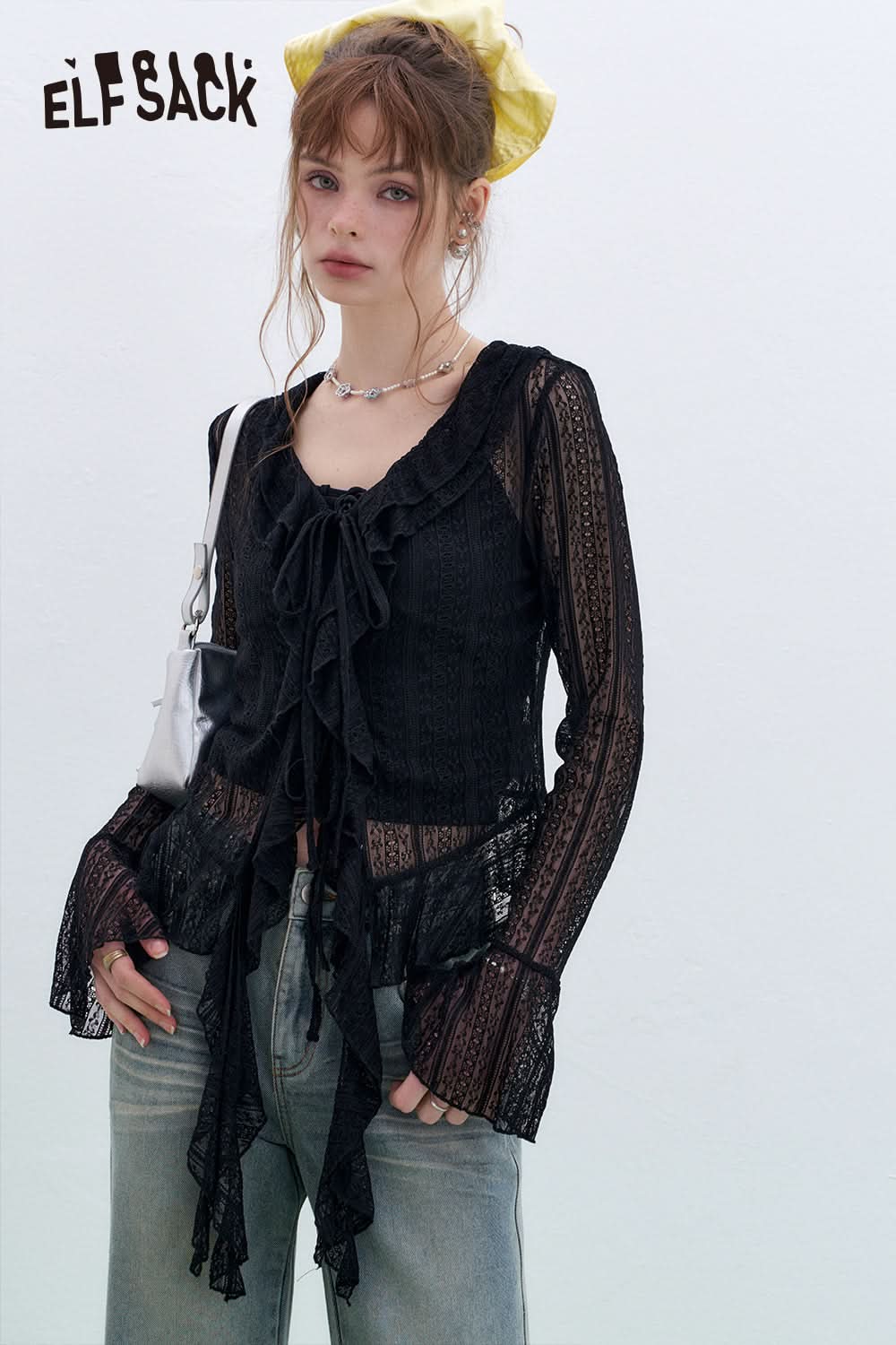 ELFSACK French V-neck camisole lace shirt two-piece suit sexy sweet long sleeve top