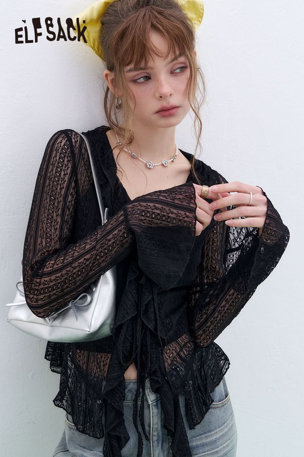 ELFSACK French V-neck camisole lace shirt two-piece suit sexy sweet long sleeve top