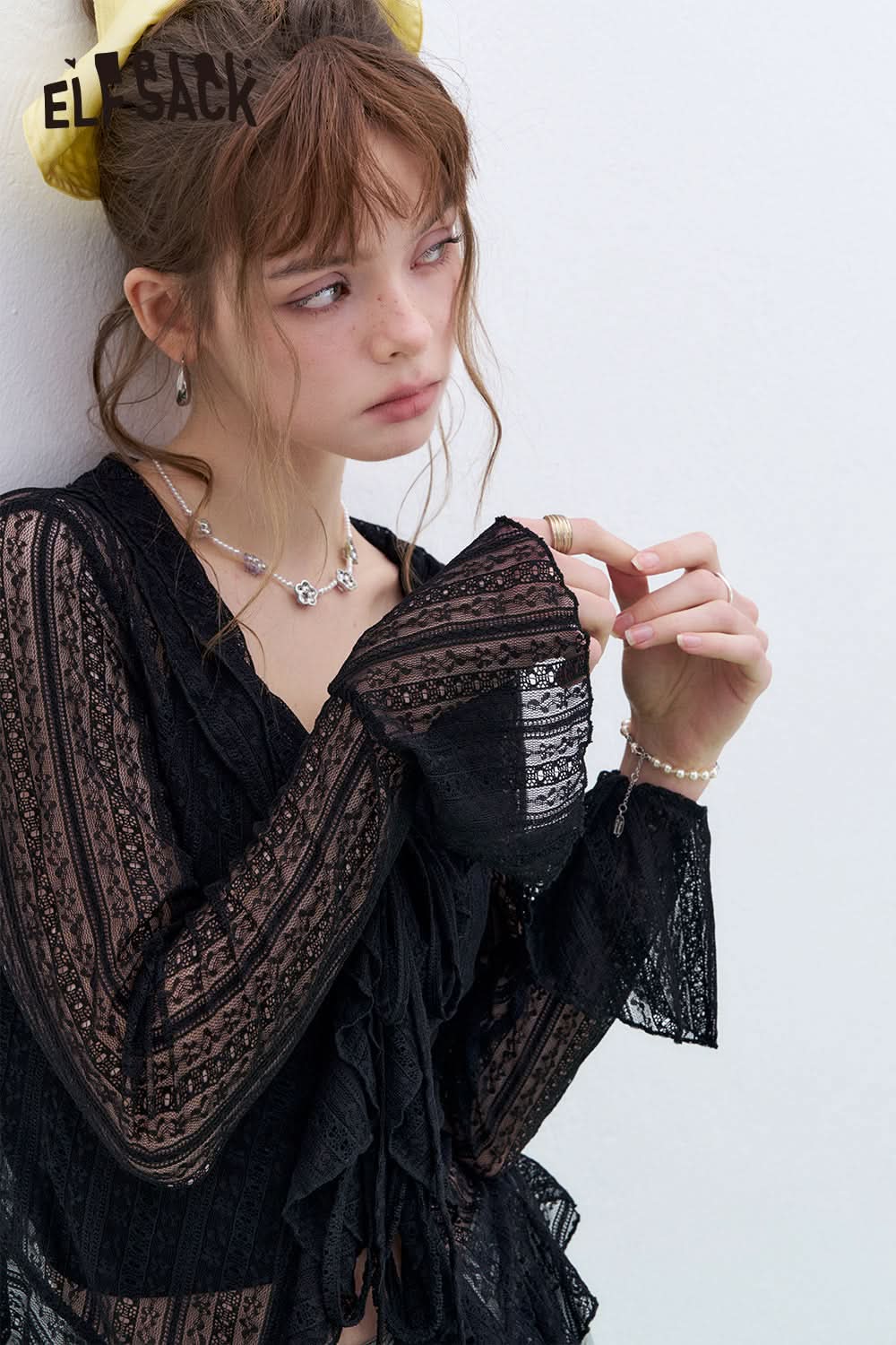 ELFSACK French V-neck camisole lace shirt two-piece suit sexy sweet long sleeve top