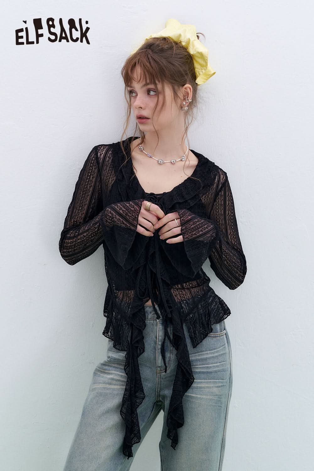 ELFSACK French V-neck camisole lace shirt two-piece suit sexy sweet long sleeve top