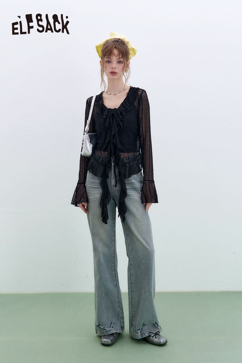 ELFSACK French V-neck camisole lace shirt two-piece suit sexy sweet long sleeve top