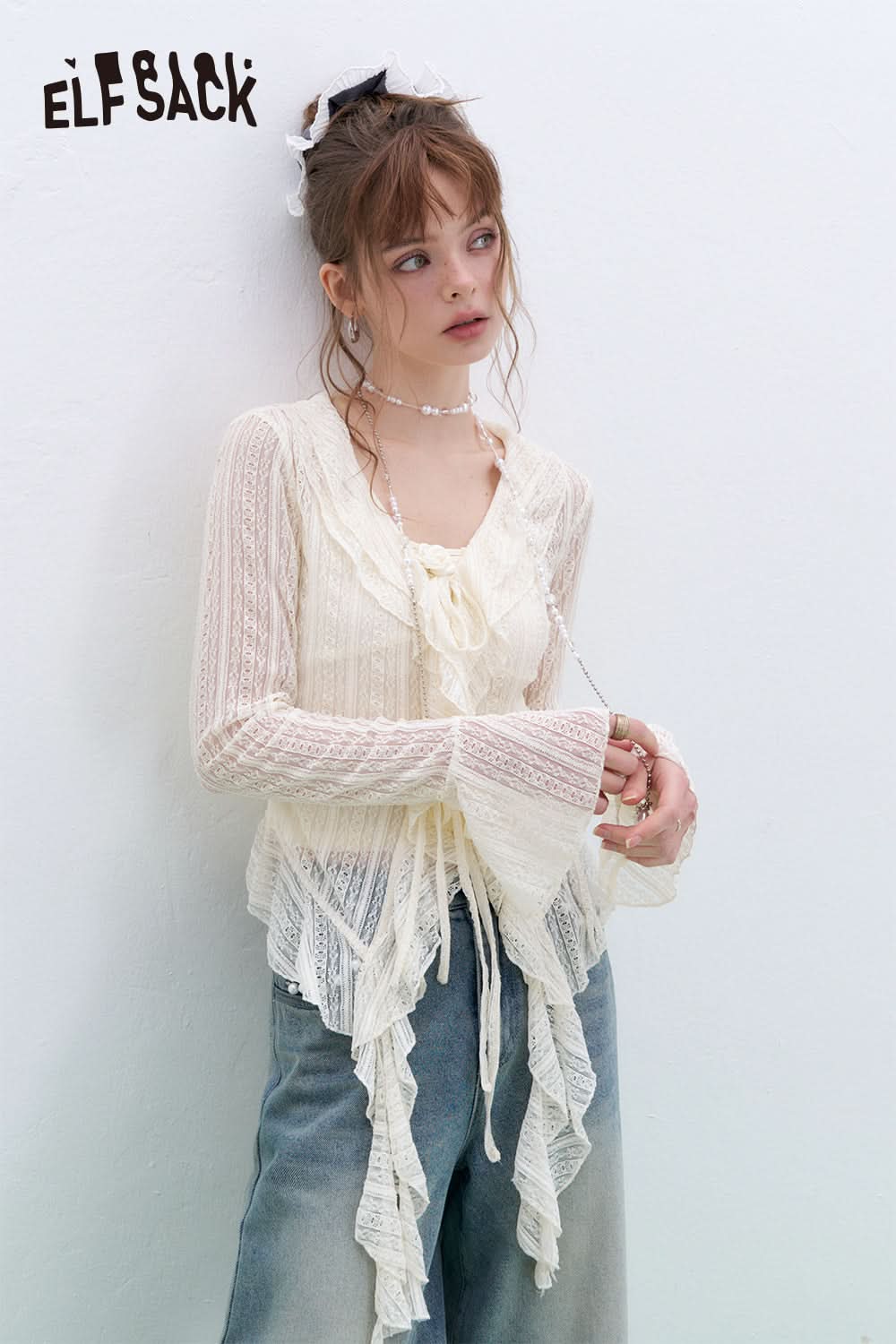 ELFSACK French V-neck camisole lace shirt two-piece suit sexy sweet long sleeve top