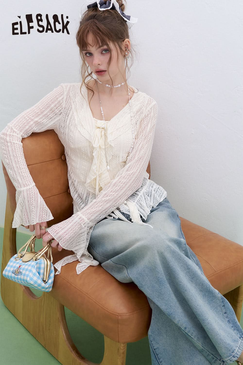 ELFSACK French V-neck camisole lace shirt two-piece suit sexy sweet long sleeve top