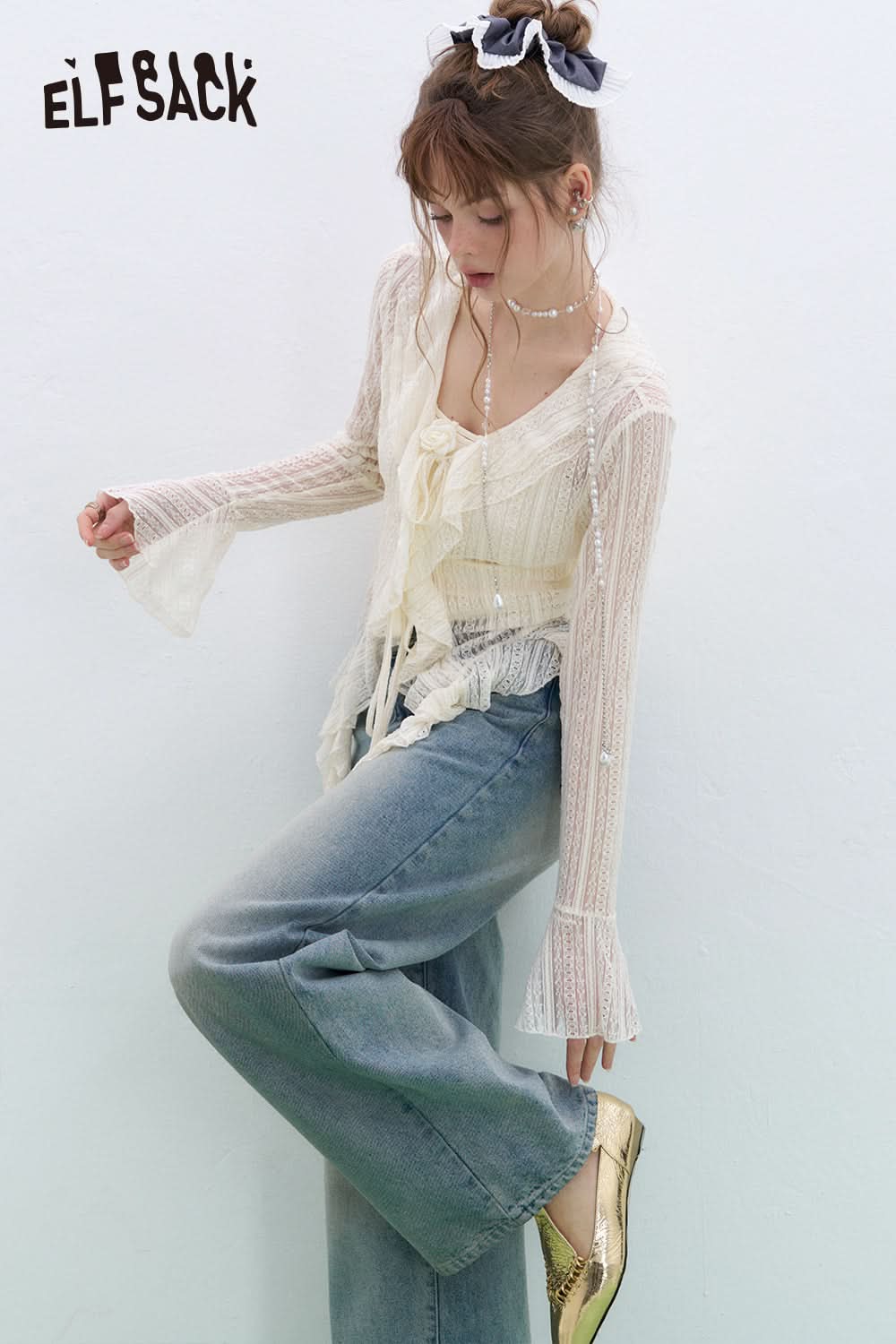 ELFSACK French V-neck camisole lace shirt two-piece suit sexy sweet long sleeve top