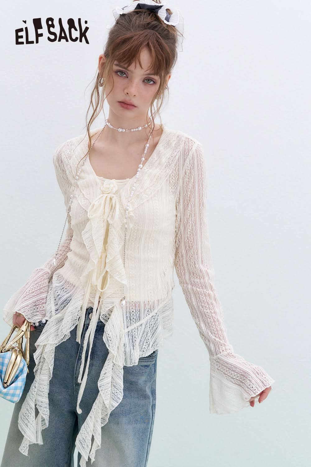 ELFSACK French V-neck camisole lace shirt two-piece suit sexy sweet long sleeve top