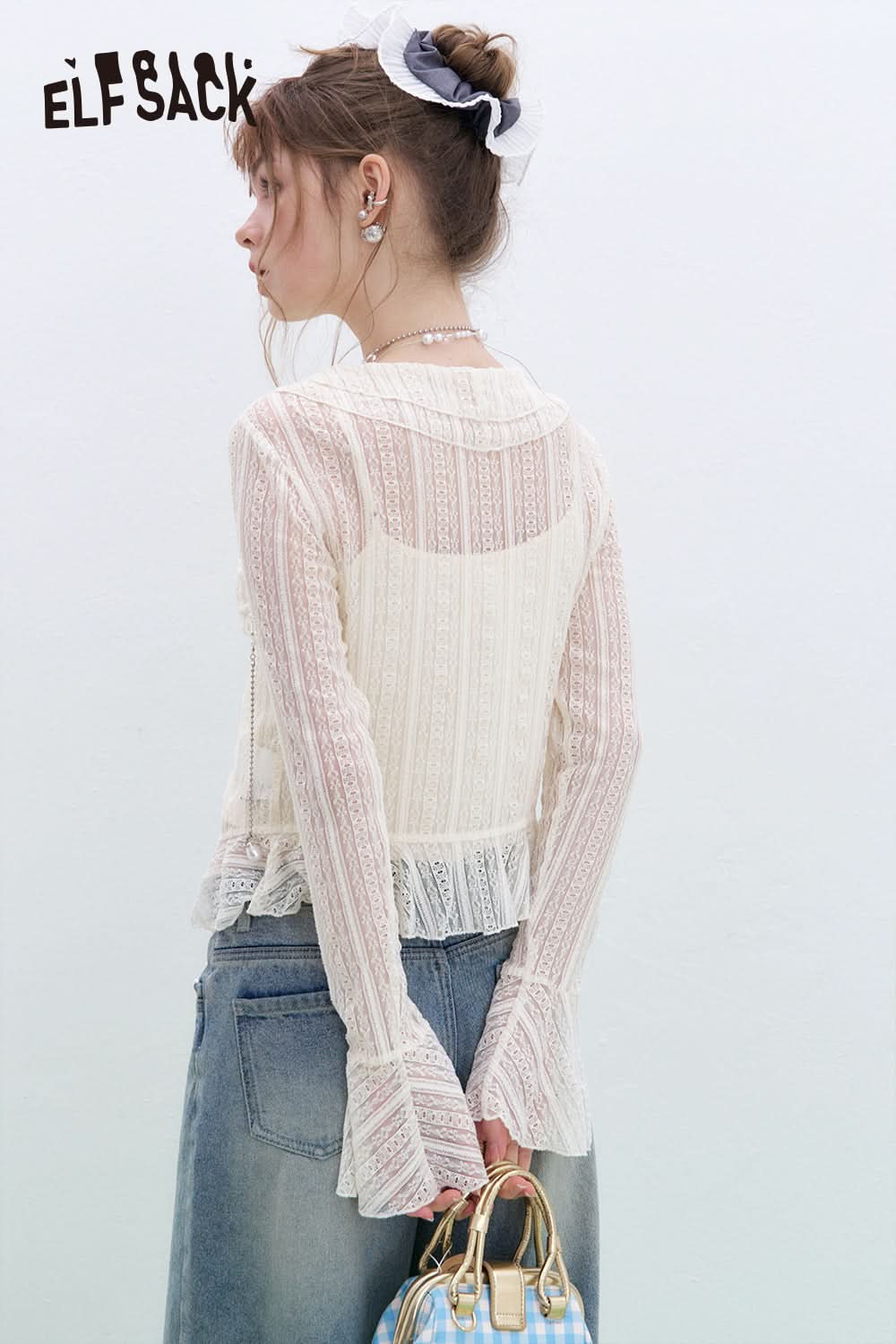 ELFSACK French V-neck camisole lace shirt two-piece suit sexy sweet long sleeve top