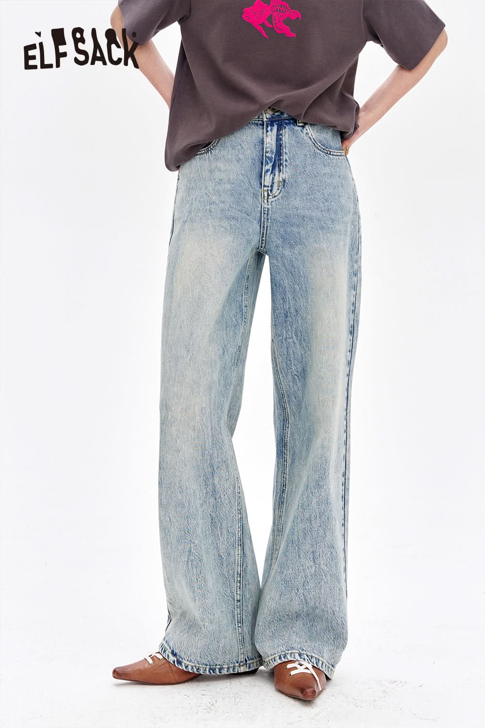 ELFSACK Vintage washed straight jeans women blue wide leg loose pants
