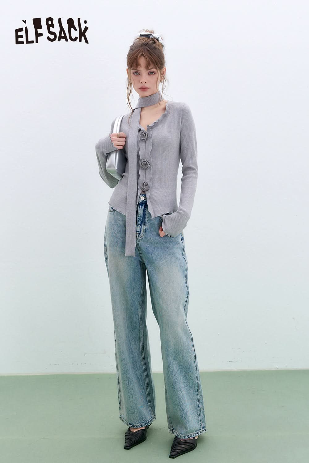 ELFSACK Vintage washed straight jeans women blue wide leg loose pants