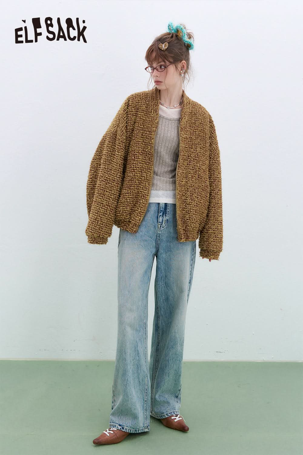 ELFSACK Vintage washed straight jeans women blue wide leg loose pants