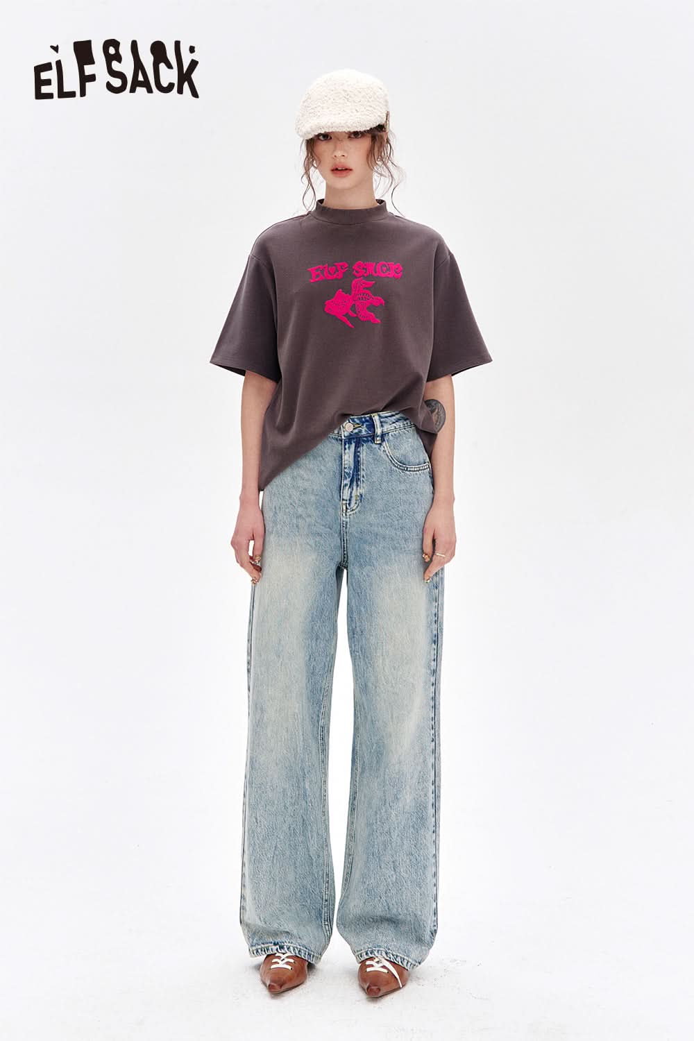 ELFSACK Vintage washed straight jeans women blue wide leg loose pants