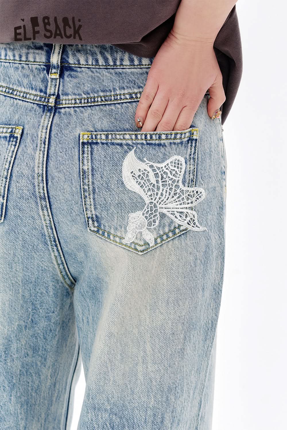 ELFSACK Vintage washed straight jeans women blue wide leg loose pants