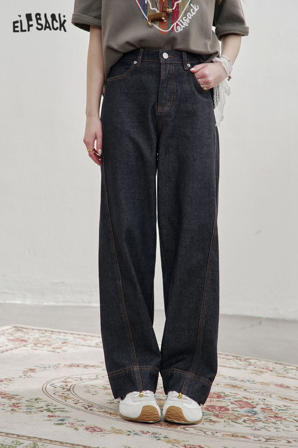 ELFSACK Retro Loose Bear Patch Straight Jeans Women Y2K Irregular High Street Pants