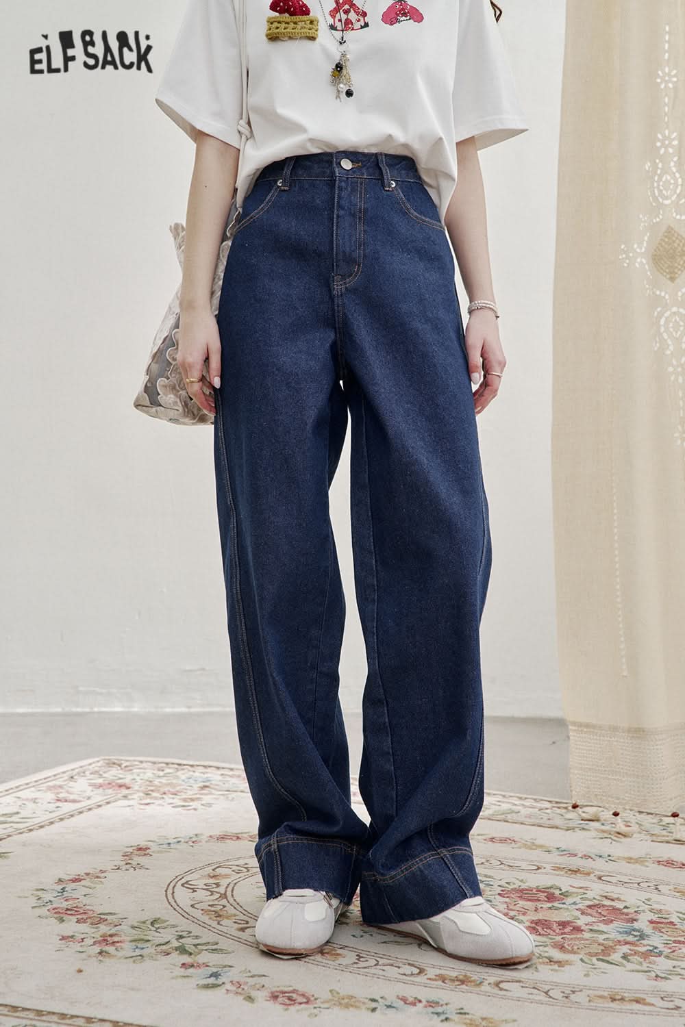 ELFSACK Retro Loose Bear Patch Straight Jeans Women Y2K Irregular High Street Pants