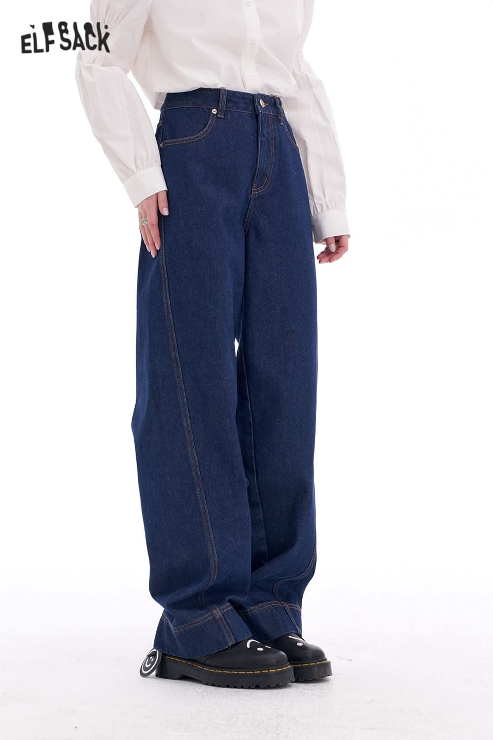 ELFSACK Retro Loose Bear Patch Straight Jeans Women Y2K Irregular High Street Pants