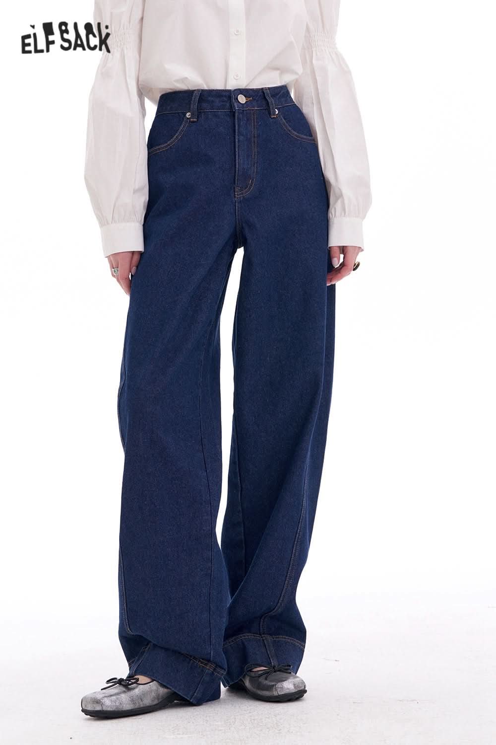 ELFSACK Retro Loose Bear Patch Straight Jeans Women Y2K Irregular High Street Pants