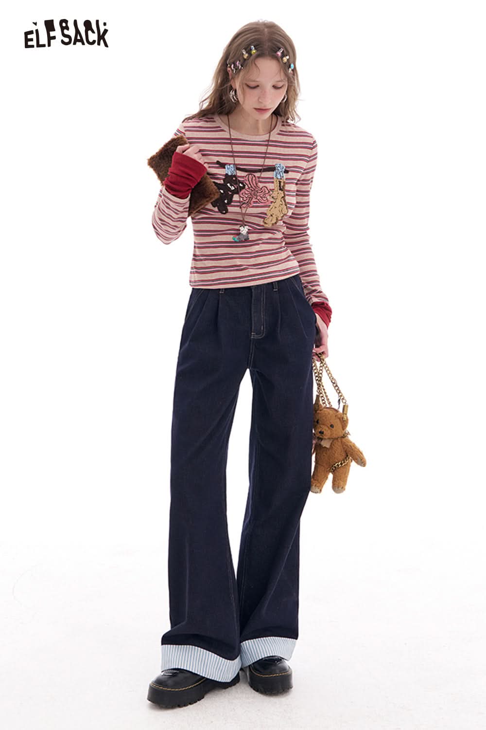 ELFSACK Dark blue striped high waist wide leg jeans retro straight loose pants