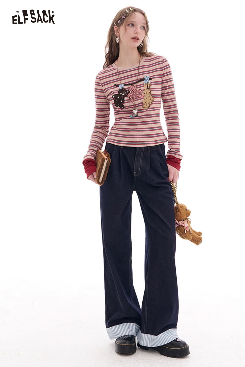 ELFSACK Dark blue striped high waist wide leg jeans retro straight loose pants