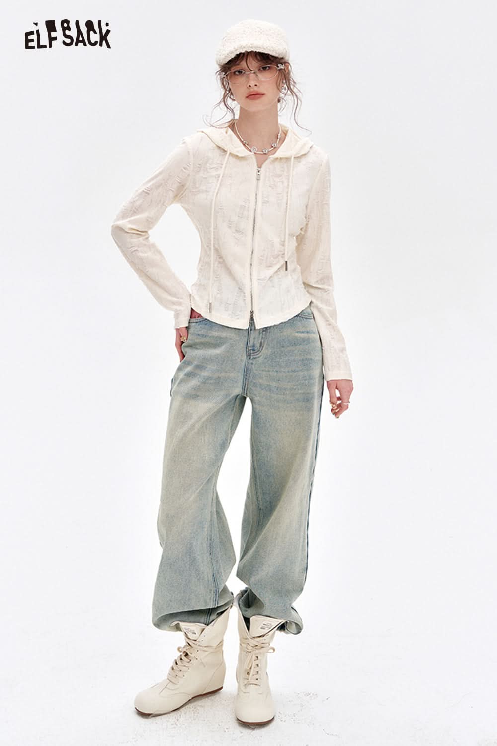 ELFSACK Light blue straight loose jeans women's casual versatile wide-leg pants