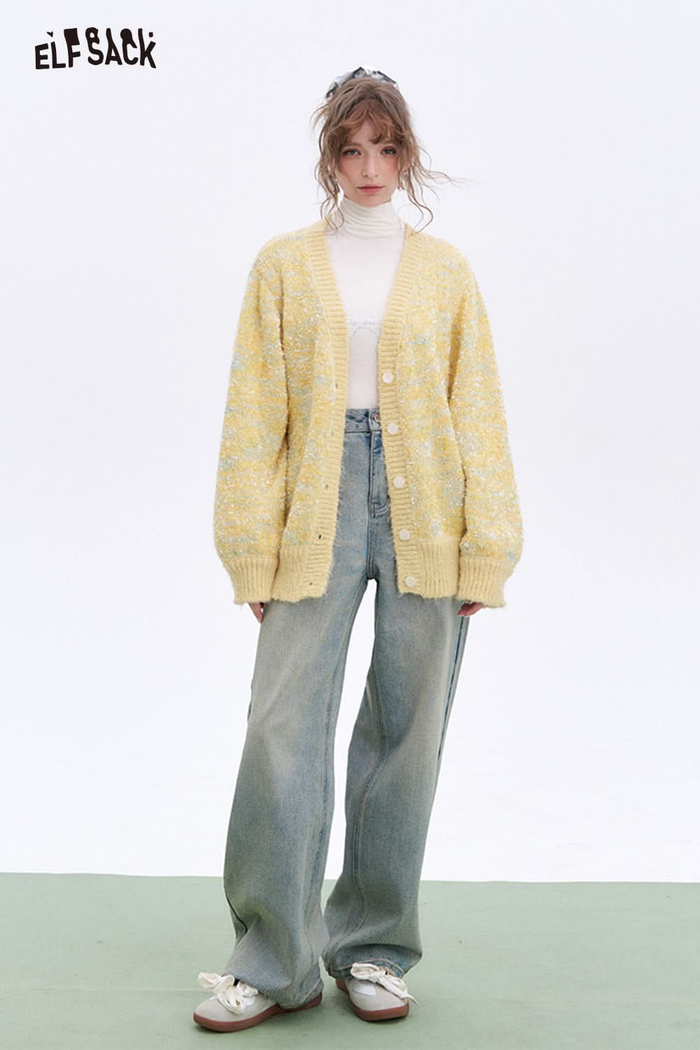 ELFSACK Light blue straight loose jeans women's casual versatile wide-leg pants