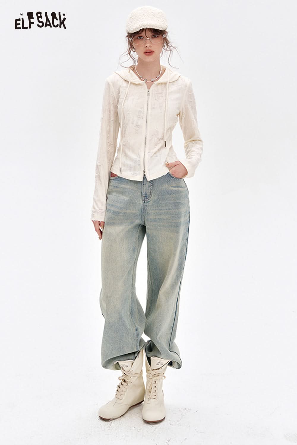 ELFSACK Light blue straight loose jeans women's casual versatile wide-leg pants