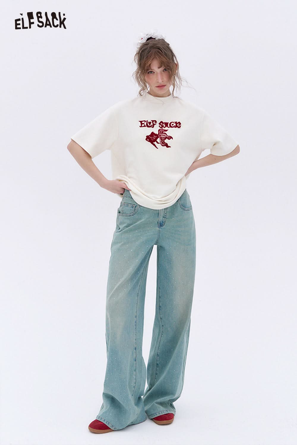 ELFSACK Korean style light blue bright diamond wide leg jeans basic loose straight pants