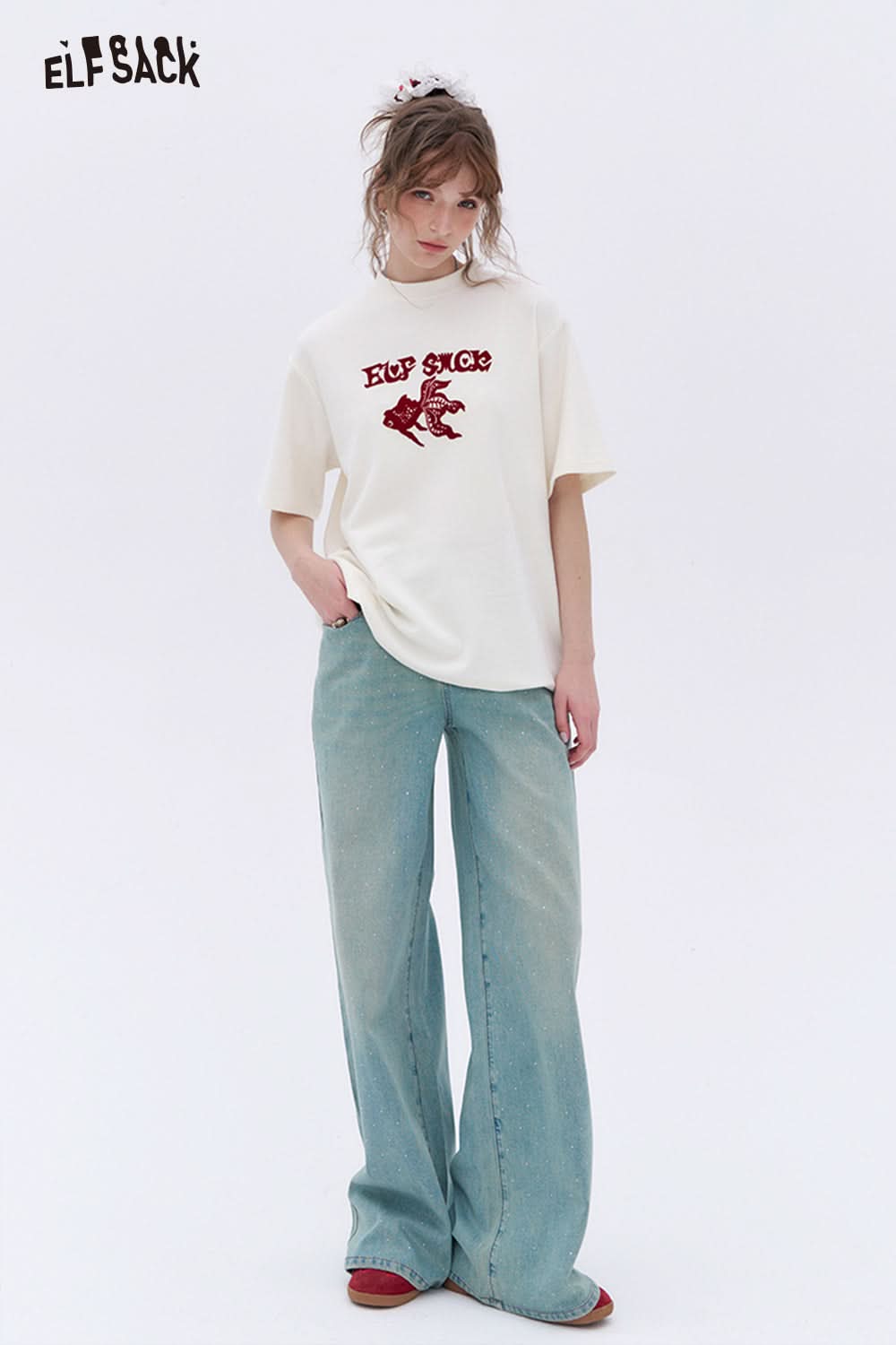 ELFSACK Korean style light blue bright diamond wide leg jeans basic loose straight pants